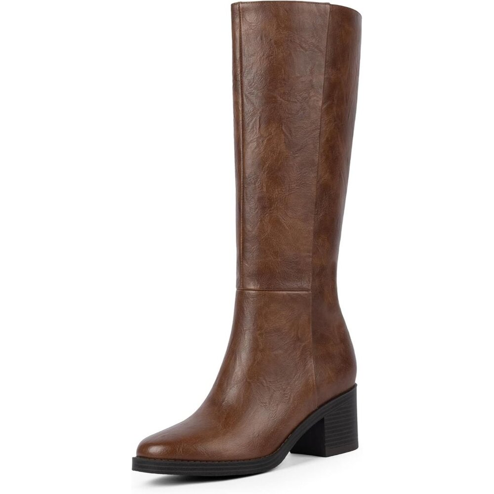 Women's Retro Brown Chunky Heel Round Zipper Winter Dress Tall Knee High Boots